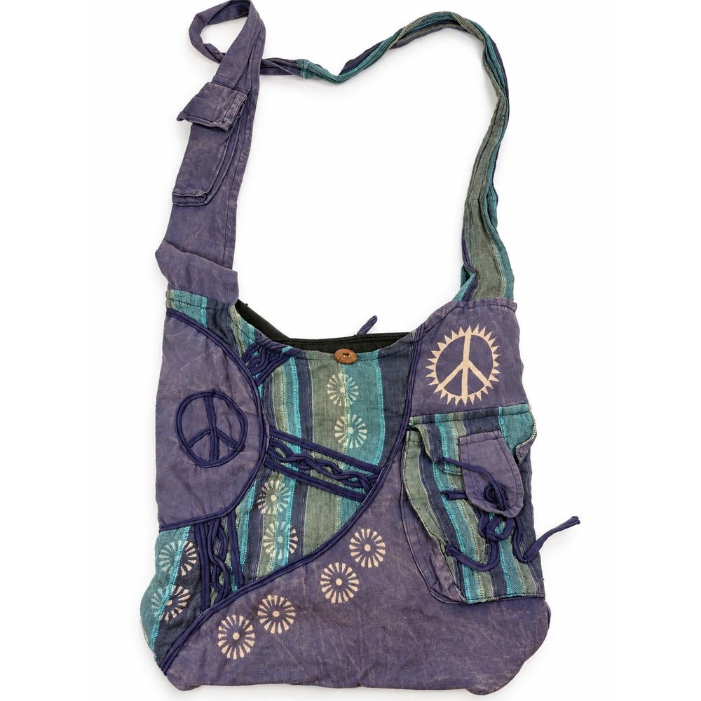 Vintage Y2K Purple Teal Patchwork Peace Sign Hippie Boho Festival Crossbody Bag